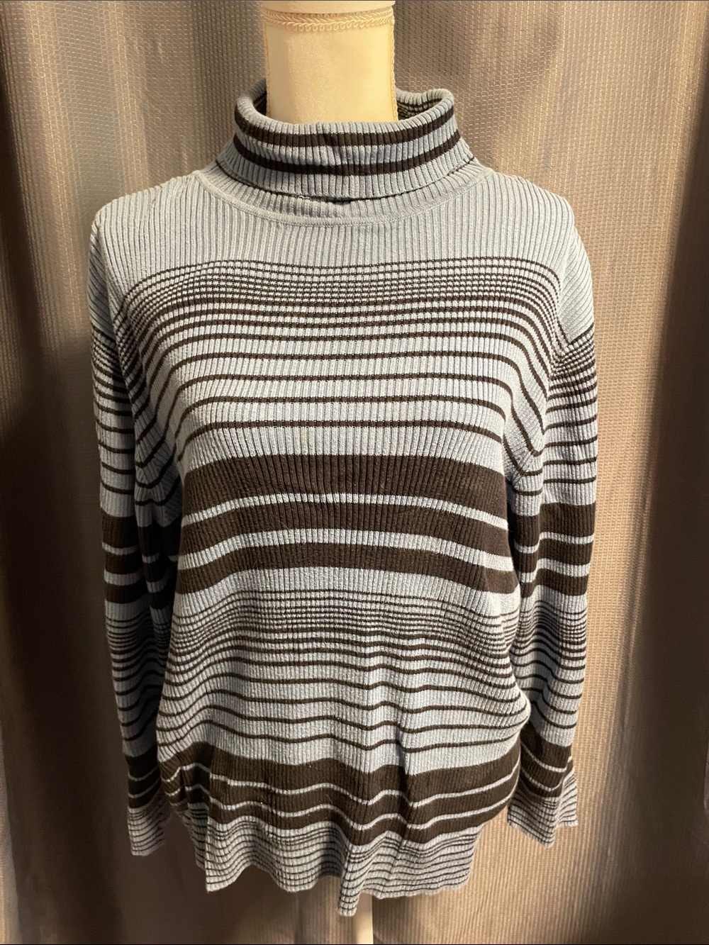 Striped Ribbed Turtleneck Sweater in Light Blue and Black